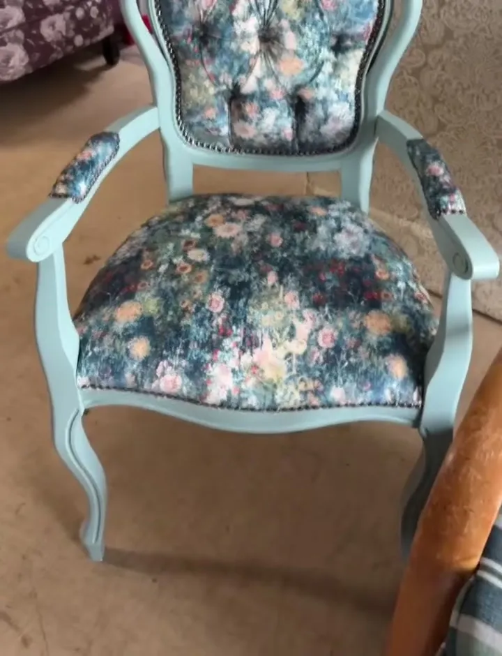 Carver chair painted duck-egg blue and reupholstered in floral fabric