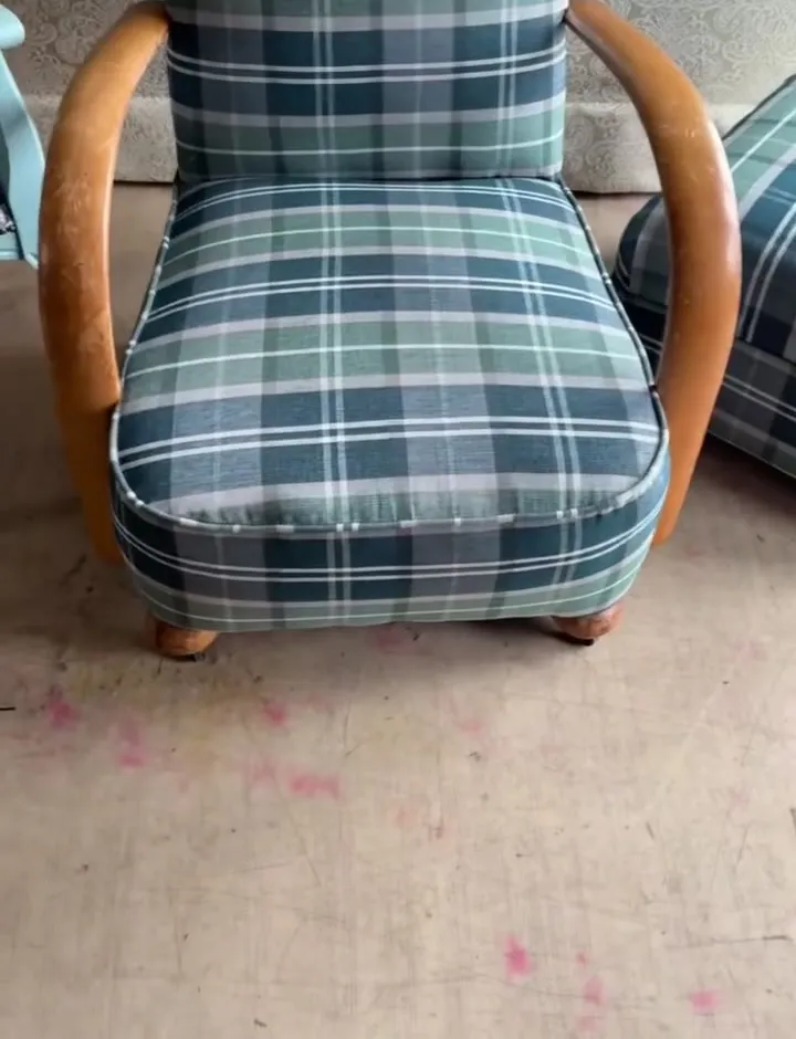 Armchair with bentwood arms reupholstered in green tartan